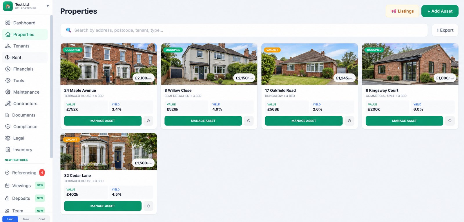 The properties list: a card per property showing a photograph, type, bedrooms, monthly rent, value and gross yield.